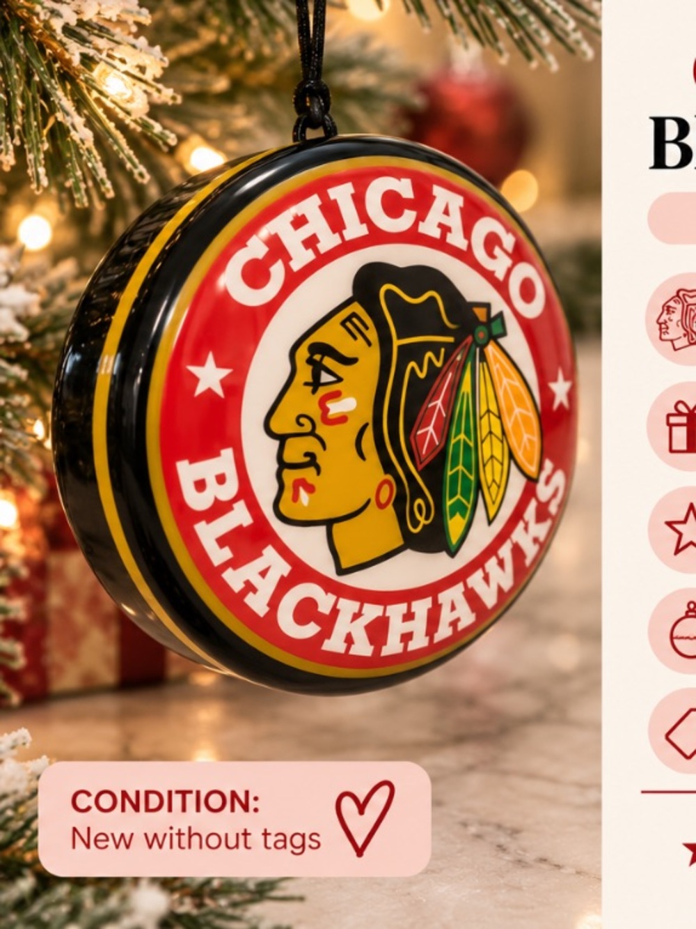 Chicago Blackhawks NHL Logo Christmas Ornament Hockey Holiday Decor